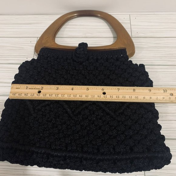 Handmade Black Macrame Faux Wooden Handle Bag New - Picture 8 of 10